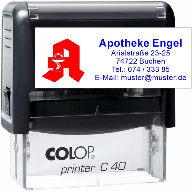 Stempelautomat der Firma Colop Stempel mit dem Namen „Apotheke Engel“ und Kontaktdaten auf einem weißen Hintergrund.