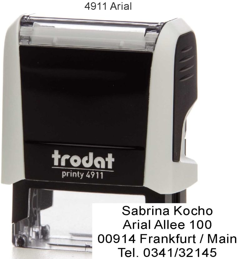 Trodat Printy 4911 Stempel mit schwarzer Farbe, Adresse und Kontaktdaten. Markenzeichen "trodat".