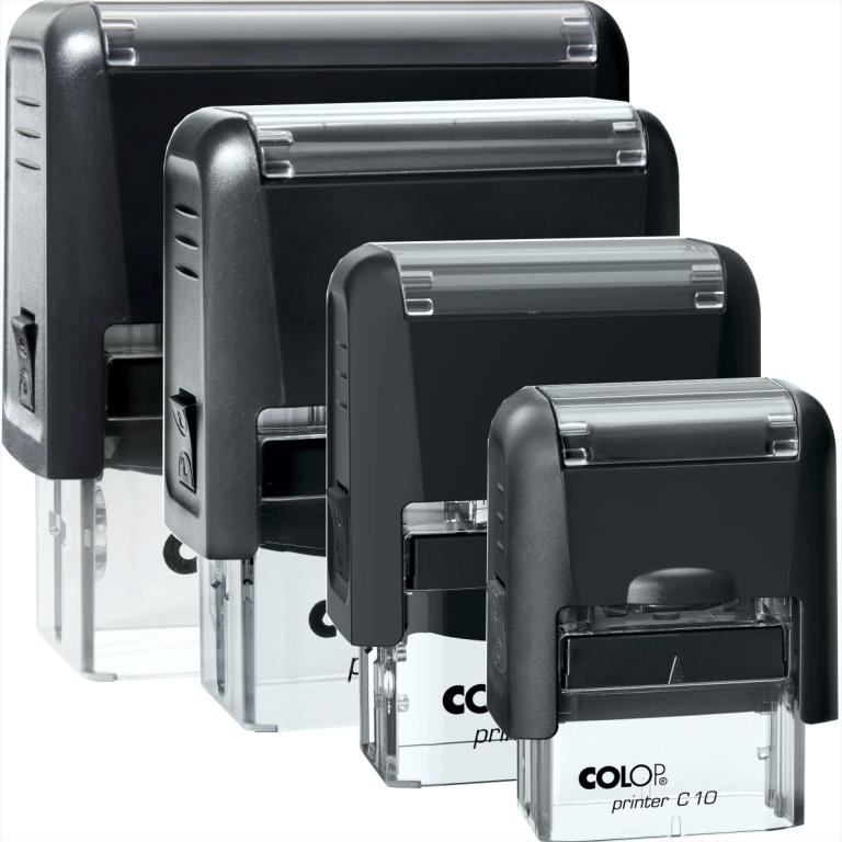 Colop Printer Compact von Printer 10 bis 40 Vier schwarze Stempel in unterschiedlichen Größen auf einer weißen Fläche.