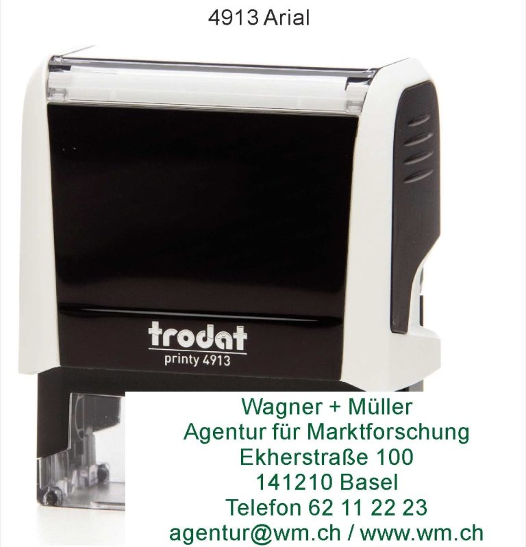 Trodat Printy 4913 Stempel mit schwarzem Gehäuse und weißem Deckel, beschriftet mit Kontaktdaten.