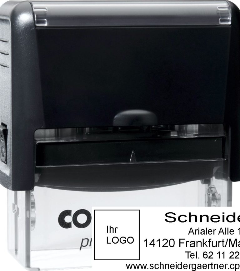 Colop Printer Compact 40 Stempel mit transparentem Gehäuse und Logo, geeignet für Geschäftsverwendung.